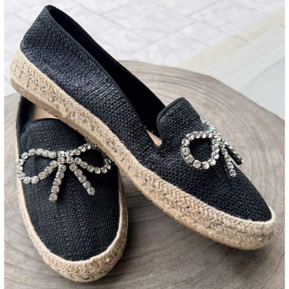 On 34th Jaylaaf Women's Black Rhinestone Bow Espadrille Flats Size 9.5